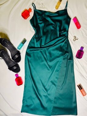 Lulu's Emerald Green Satin Slip Dress Midi Cowl Neck Minimal Chic Date Night
